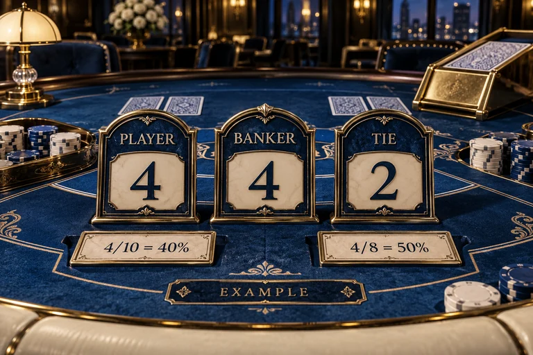 စိတ်ကူးbaccarat counter Player4 Banker4 Tie2 နှင့်4/10=40%၊4/8=50% ကိုခွဲပြထားသည်။