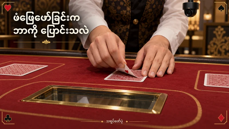 ကြက်သွေးရောင် ဘားကာရက်စားပွဲပေါ်တွင် ကတ်ထောင့်ကို ဖြည်းဖြည်းဖြေဖော်နေသော လက်များ